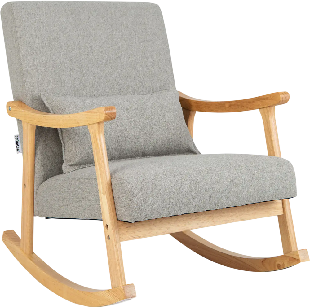 Gray upholstered rocking chair with rubber wood frame and lumbar pillow, perfect for living room or bedroom relaxation.