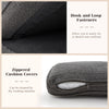 Close-up of the zippered cushion cover and hook and loop fasteners on the gray upholstered teddy velvet sofa.