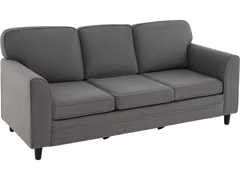 Gray upholstered teddy velvet 3-seat sofa with comfy back pillows, featuring ergonomic design and sturdy rubber wood.