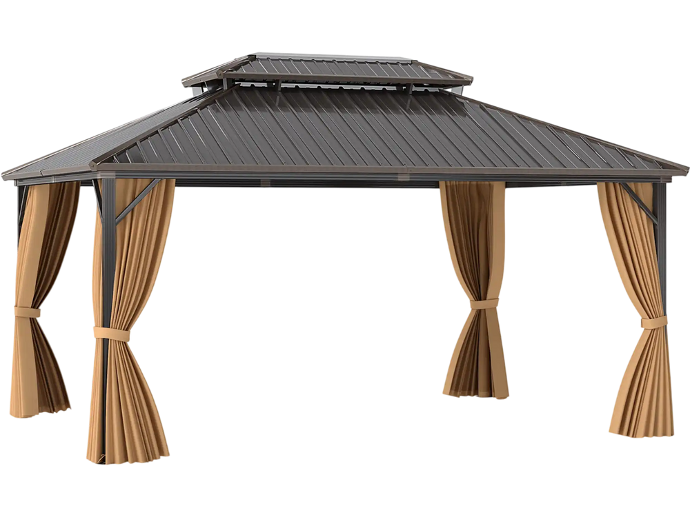 Hardtop gazebo with aluminum frame, 16x12FT, featuring curtains and netting for outdoor shade and ventilation.