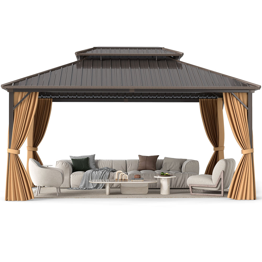 Large 16x12FT hardtop gazebo with aluminum frame, curtains, and netting for outdoor gatherings and protection.