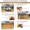 Coffee hardtop gazebo with curtains and mesh netting, 16x12FT, featuring a durable aluminum frame for outdoor use.