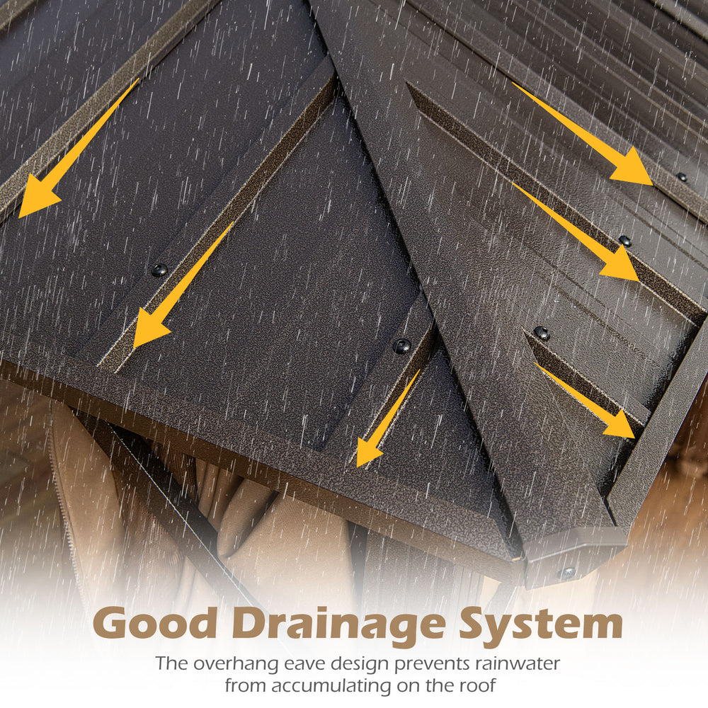 Close-up of the hardtop gazebo's roof showing the good drainage system to prevent water accumulation.