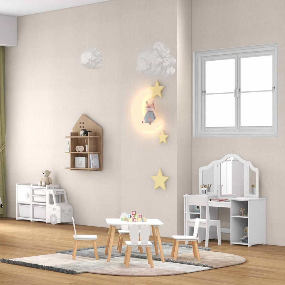 Kids' room bundle featuring a table and chairs set, vanity, and storage organizer in a modern, playful design.