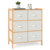 Natural bamboo fabric dresser with 6 drawers and folding bins, ideal for bedroom or living room storage.