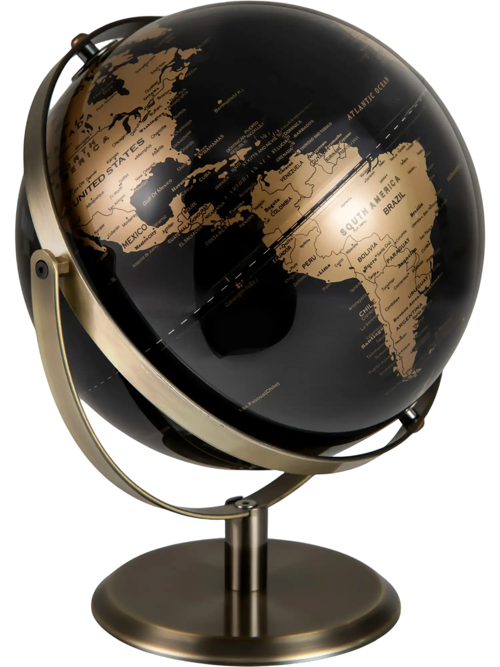 9-inch metallic black world globe with golden details, featuring a sturdy metal stand and 720° rotation for easy.