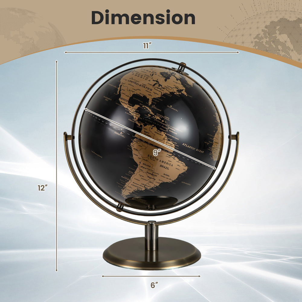 9-inch metallic black world globe with a sturdy metal stand, featuring high-definition geographic details for.
