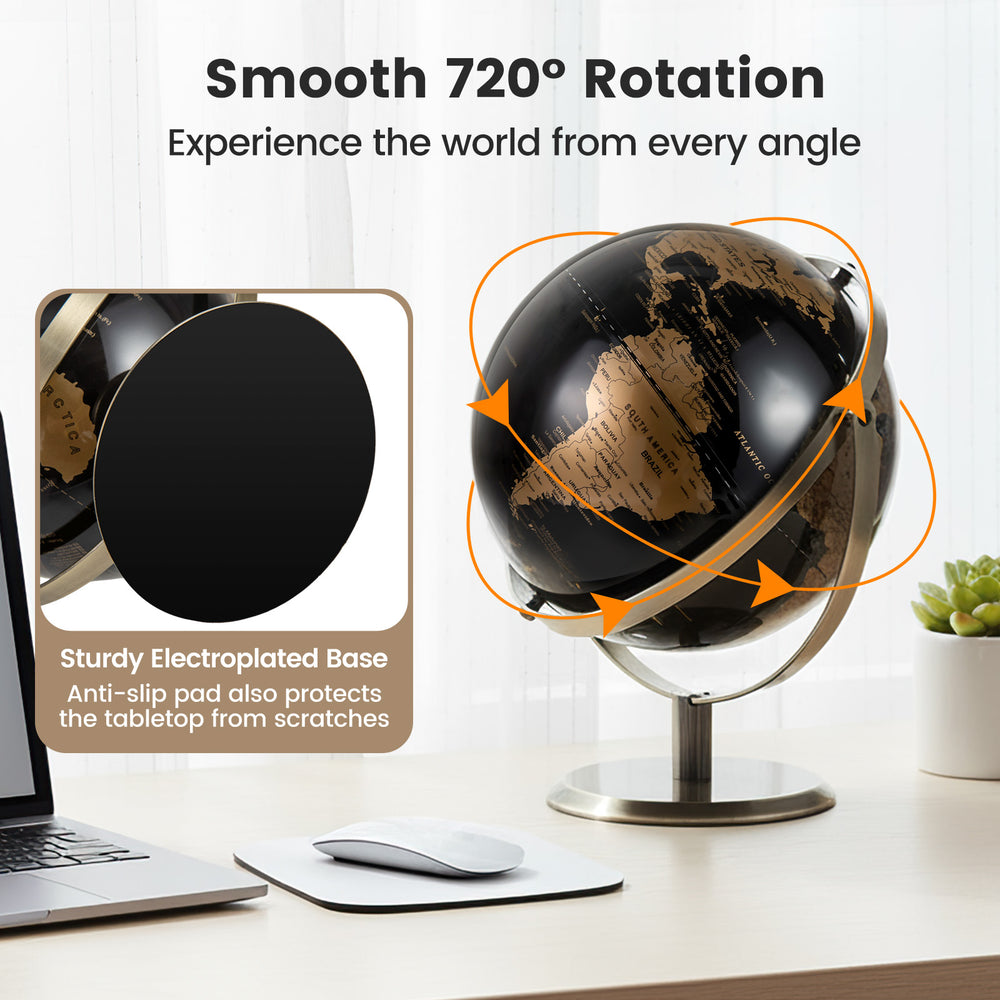 9-inch metallic black world globe with a sturdy metal stand, featuring 720° rotation for educational exploration.