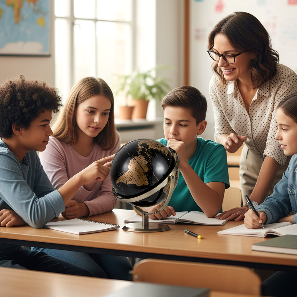 9-inch metallic black world globe with golden details, featuring a sturdy metal stand, used for educational purposes.