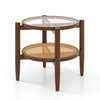 Round rattan side table with glass top and wooden frame, perfect for modern living room decor and functionality.