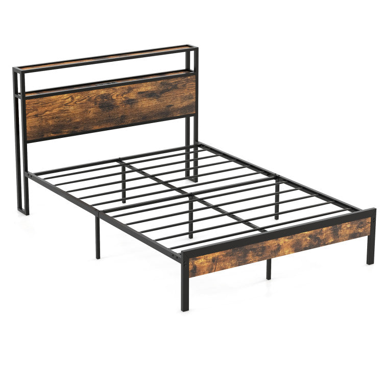 Bed frame with storage headboard and built-in charging station for modern bedroom organization and convenience.
