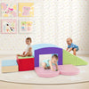 Colorful 6-piece foam climbing blocks set for toddlers, featuring a tunnel, ideal for indoor play and motor skill.