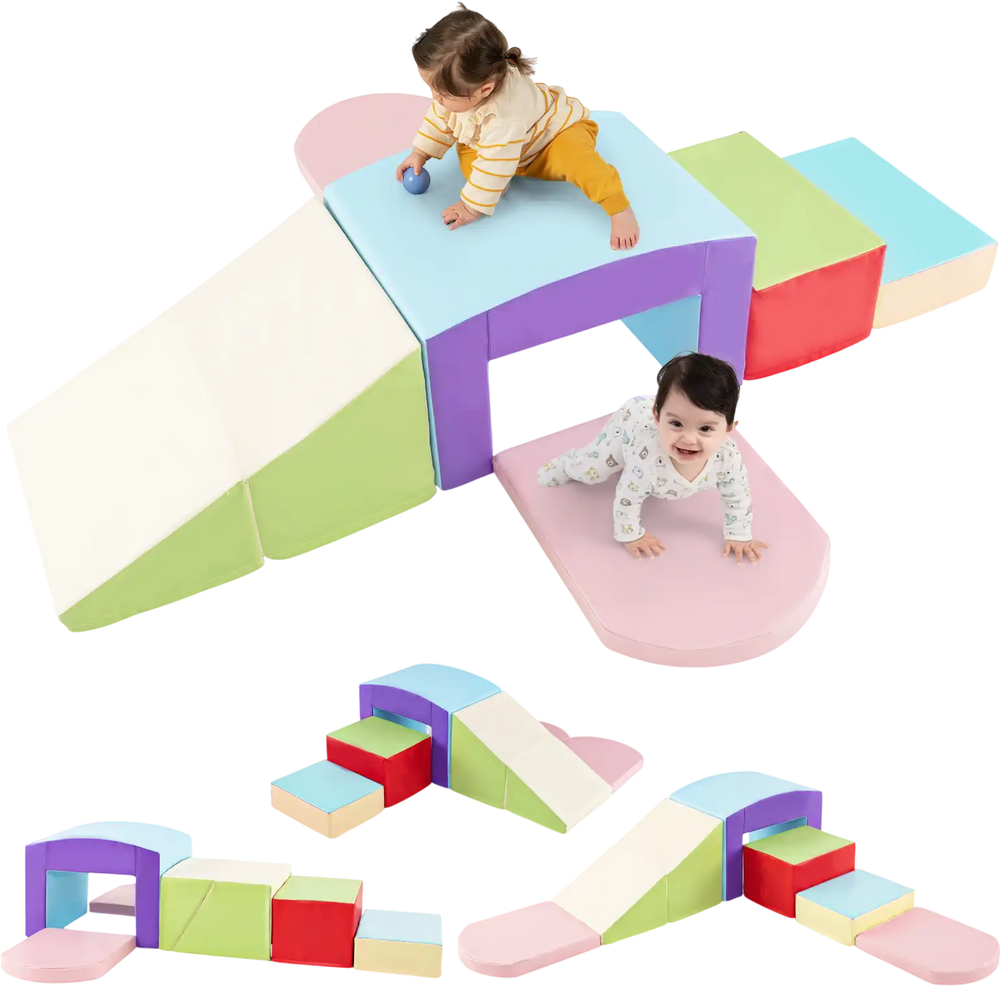 Colorful foam climbing blocks with tunnel for toddlers, promoting motor skills and creative play in indoor spaces.