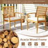 Acacia wood patio dining set featuring a spacious tabletop, ergonomic backrest, and soft seat cushions for outdoor.