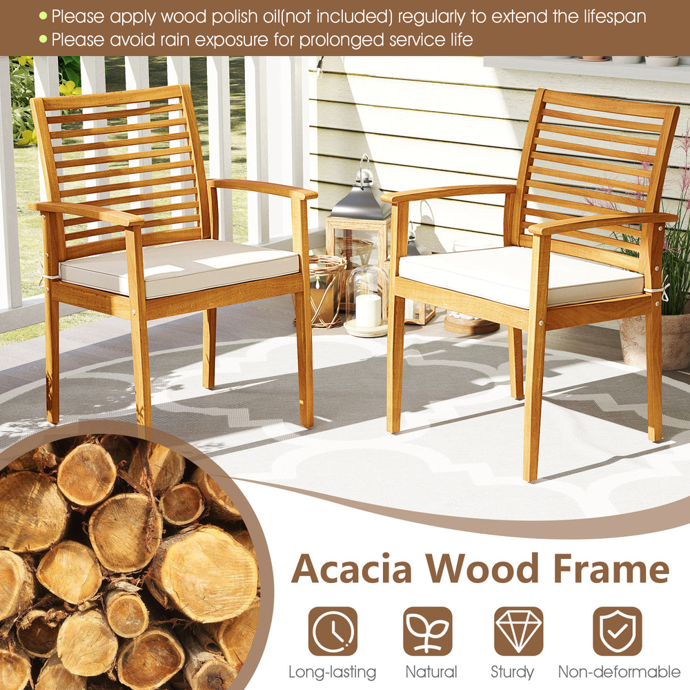 Acacia wood patio dining set featuring a spacious tabletop, ergonomic backrest, and soft seat cushions for outdoor.