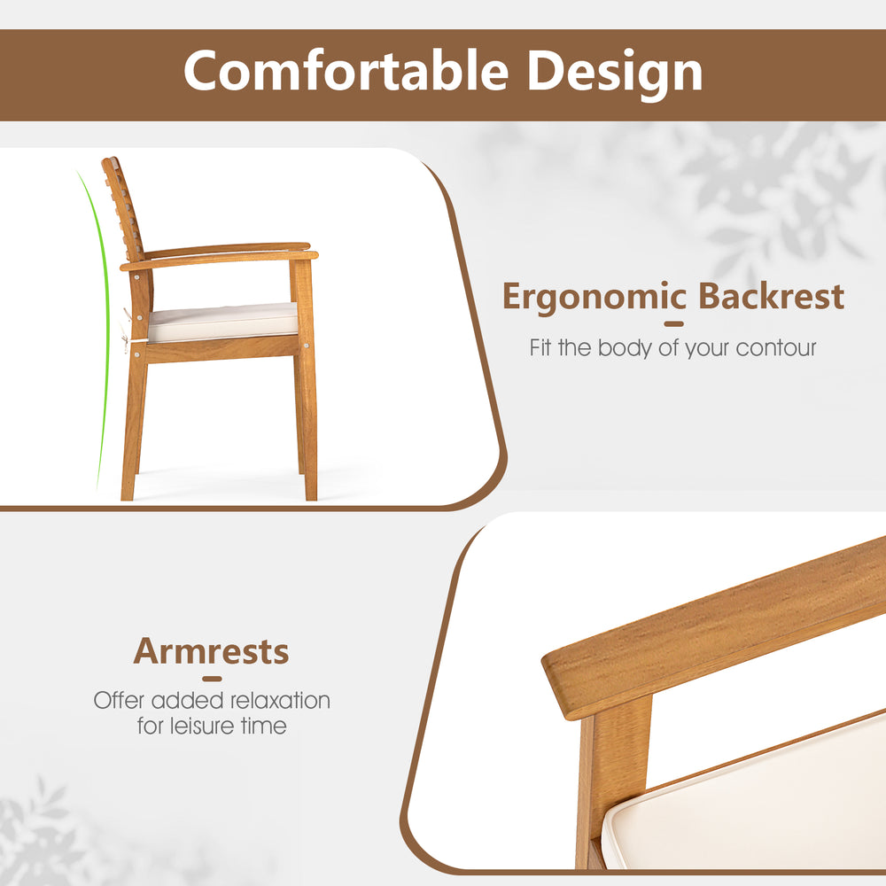 Ergonomic backrest and wide armrests of the acacia wood dining chair for comfortable outdoor seating.