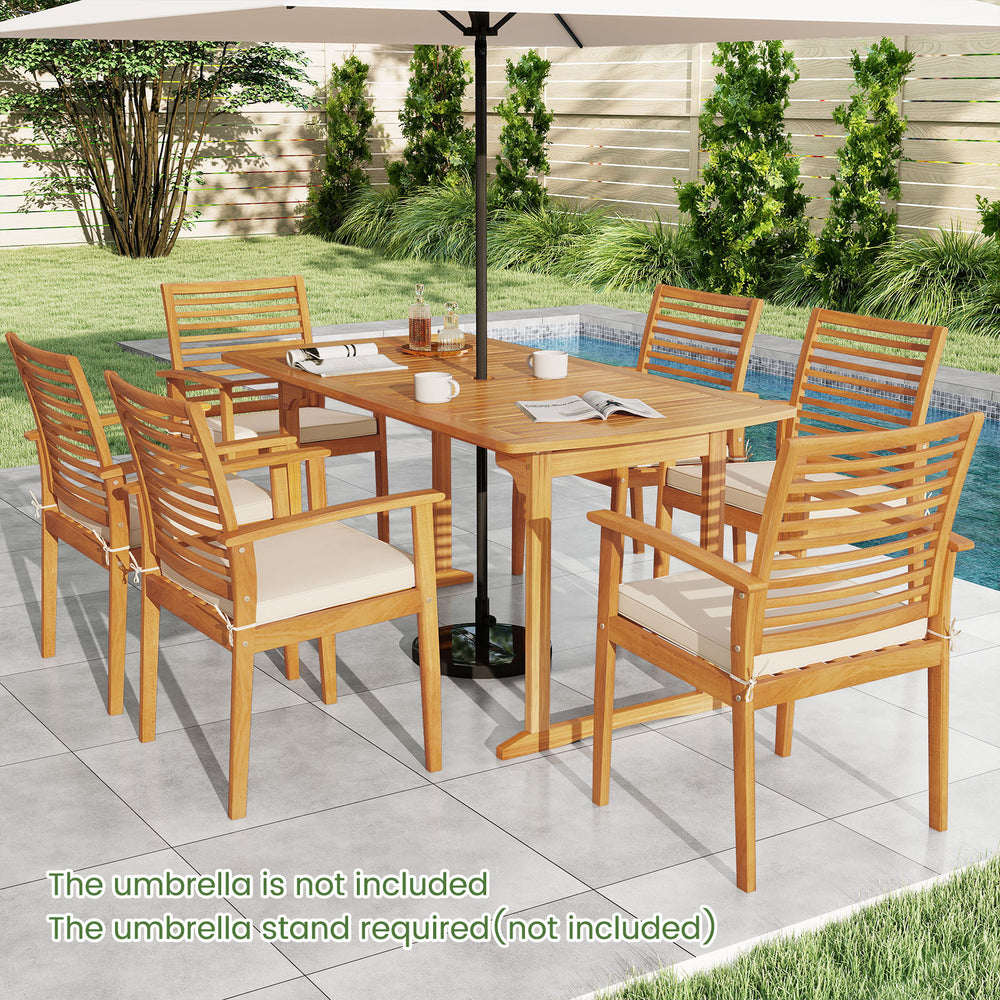 Acacia wood 7-piece patio dining set with slatted tabletop, ergonomic chairs, and umbrella hole, perfect for outdoor.