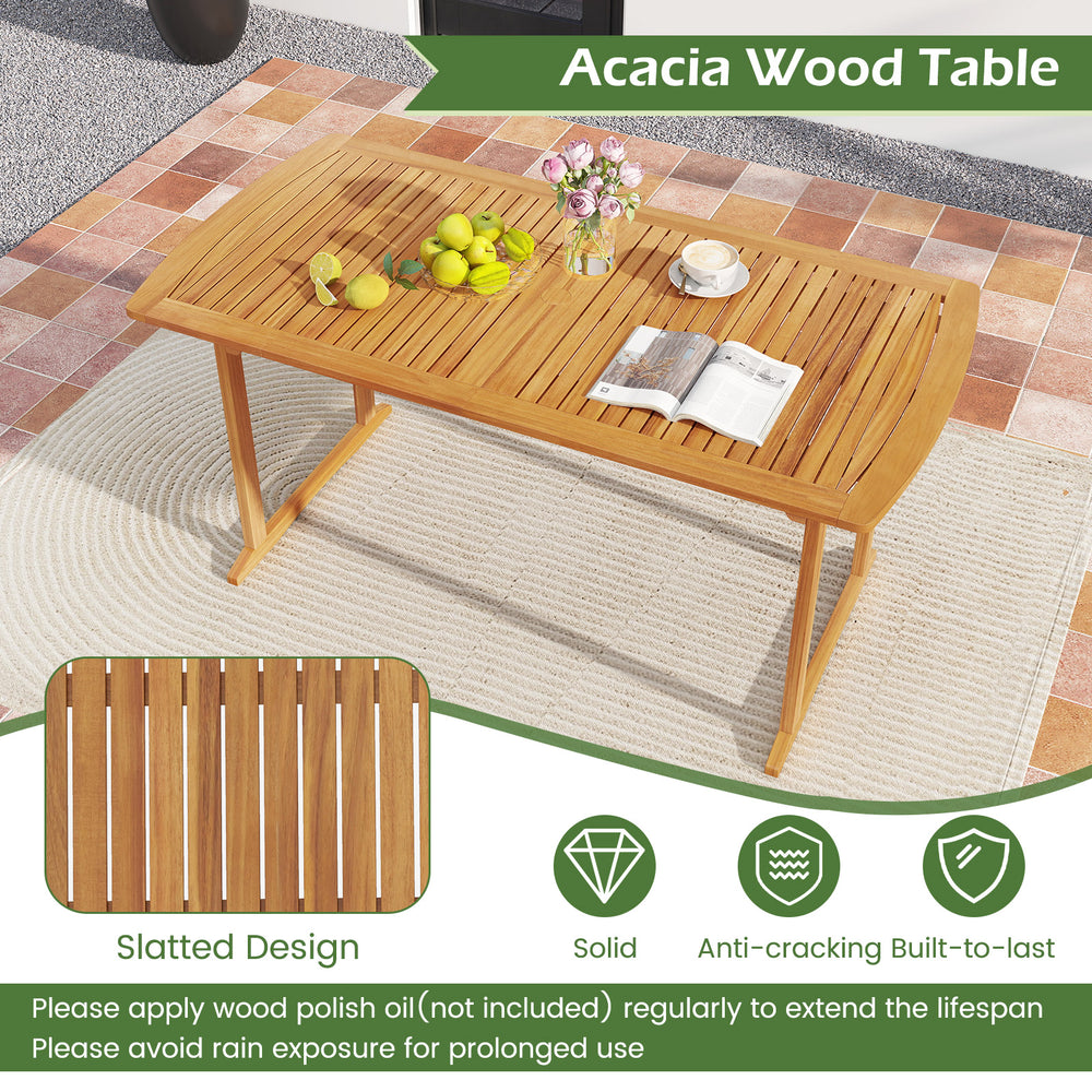 Acacia wood patio dining table with slatted design, accommodating up to 6 people, ideal for outdoor gatherings.