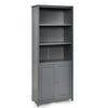 Tall gray storage cabinet with open shelves and double doors, perfect for organizing office supplies and decor.