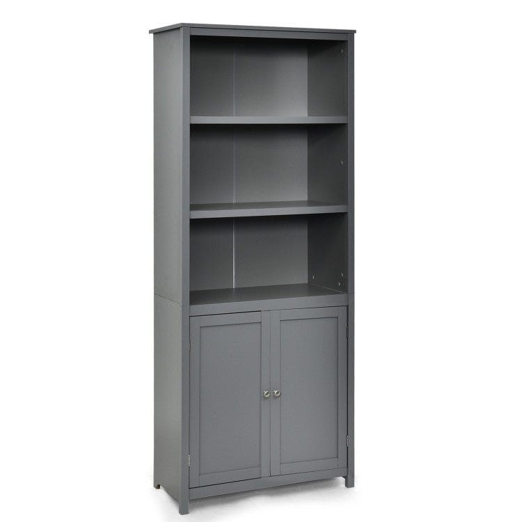 Tall gray storage cabinet with open shelves and double doors, perfect for organizing office supplies and decor.