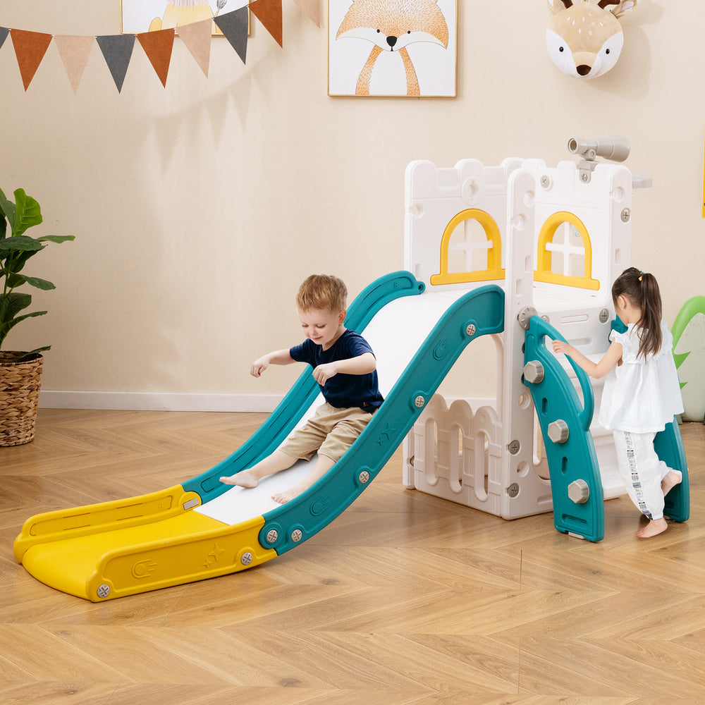 6-in-1 Toddler Slide L-shaped Playground with Basketball Hoop and Ladder-Yellow - Gallery View 1 of 10