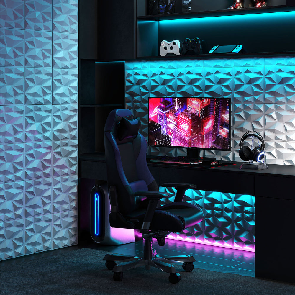 3D wall panels in white PVC, lightweight and waterproof, ideal for DIY interior decoration in various spaces.