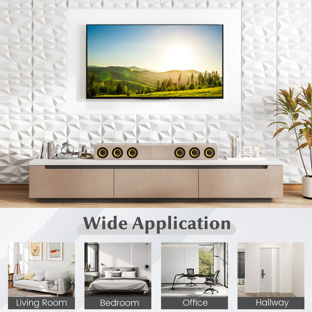 3D white PVC wall panels with diamond accent, ideal for DIY decor in living room, bedroom, office, or hallway.