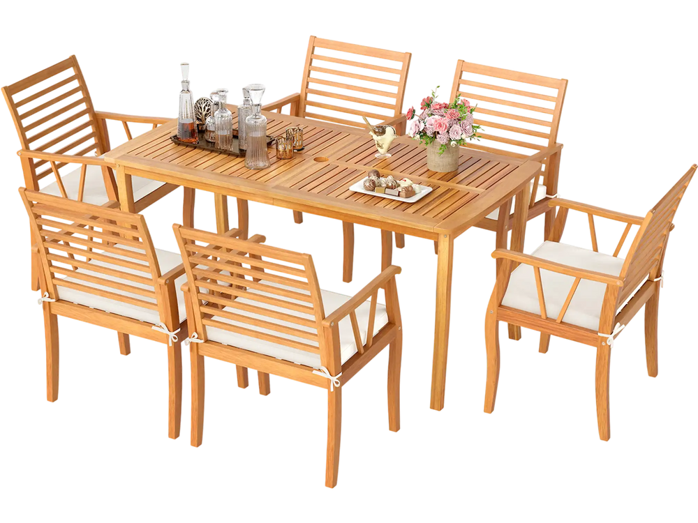 7 Pieces Acacia Wood Patio Dining Set with 1.97 Inch Umbrella Hole and Padded Cushions