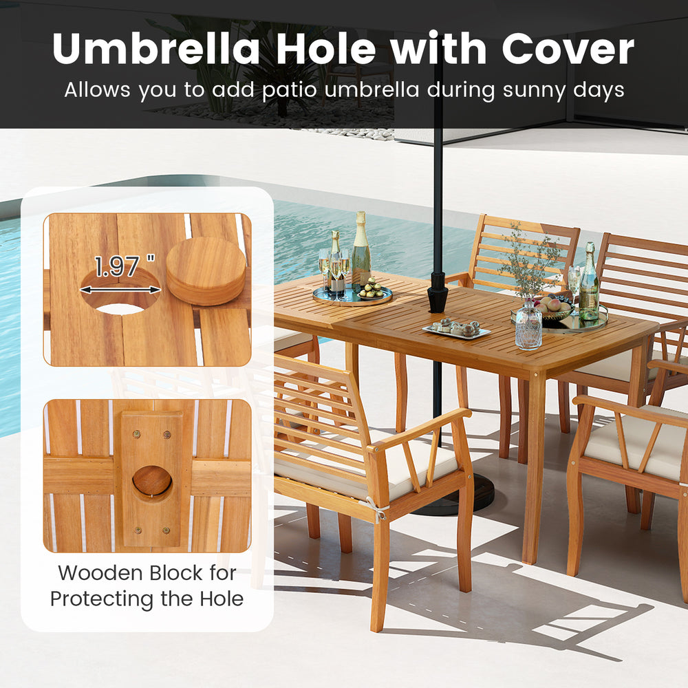 Acacia wood patio dining set featuring a 1.97-inch umbrella hole, ideal for outdoor gatherings and comfort.