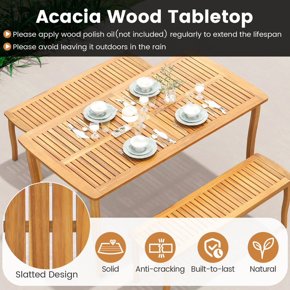 Acacia wood patio dining set featuring a slatted design, 1.97" umbrella hole, and padded cushions for outdoor.