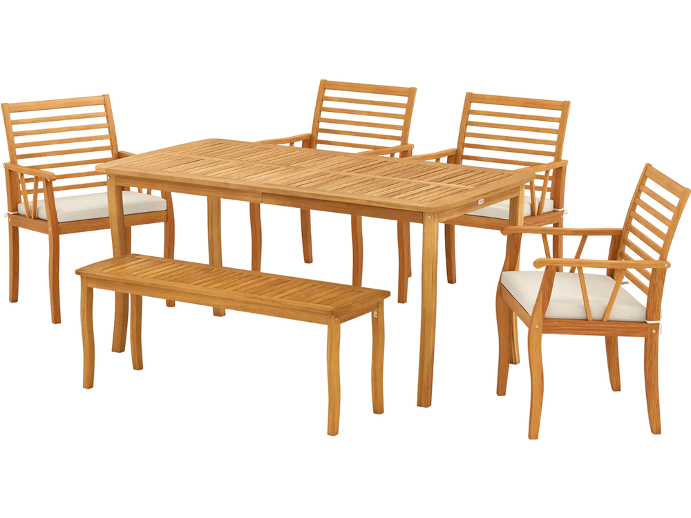 Acacia Wood Outdoor Table and Bench Chairs Set with 1.97 Inch Umbrella Hole