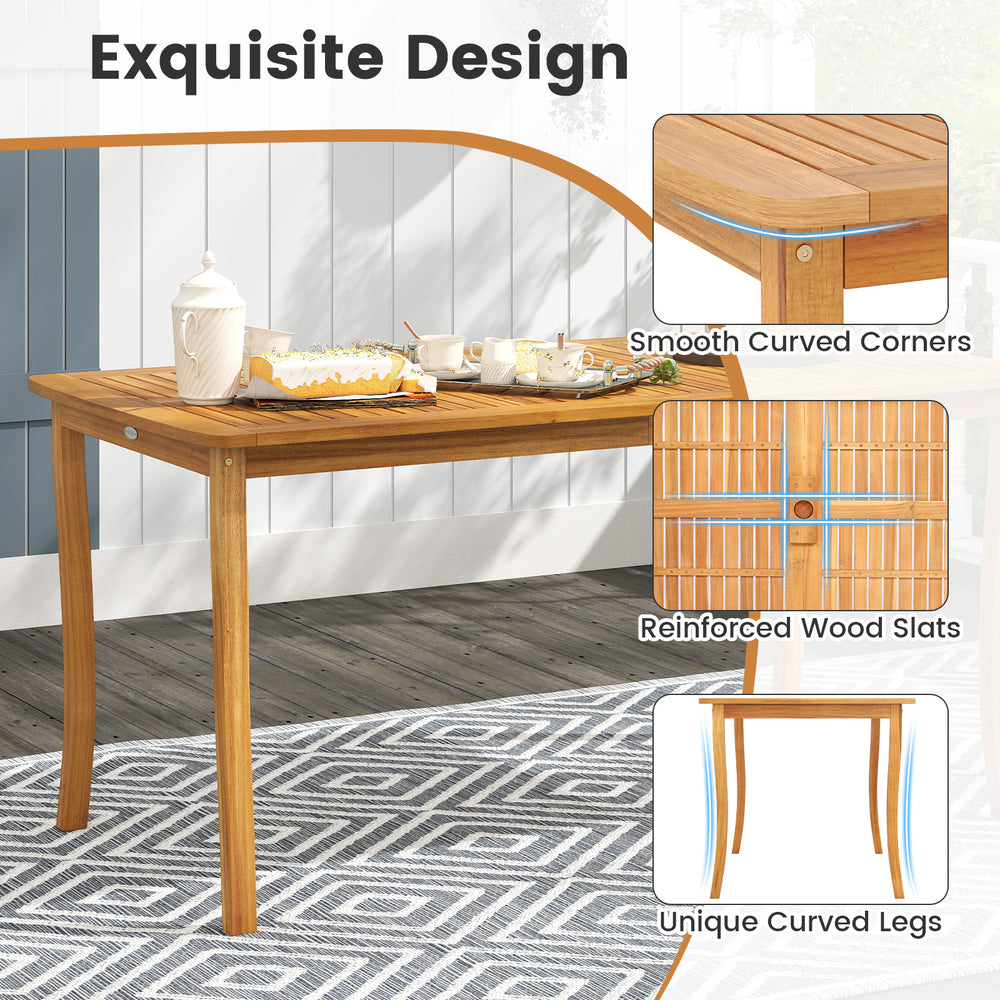 Acacia wood outdoor table showcasing smooth curved corners and reinforced slats, perfect for patio gatherings.