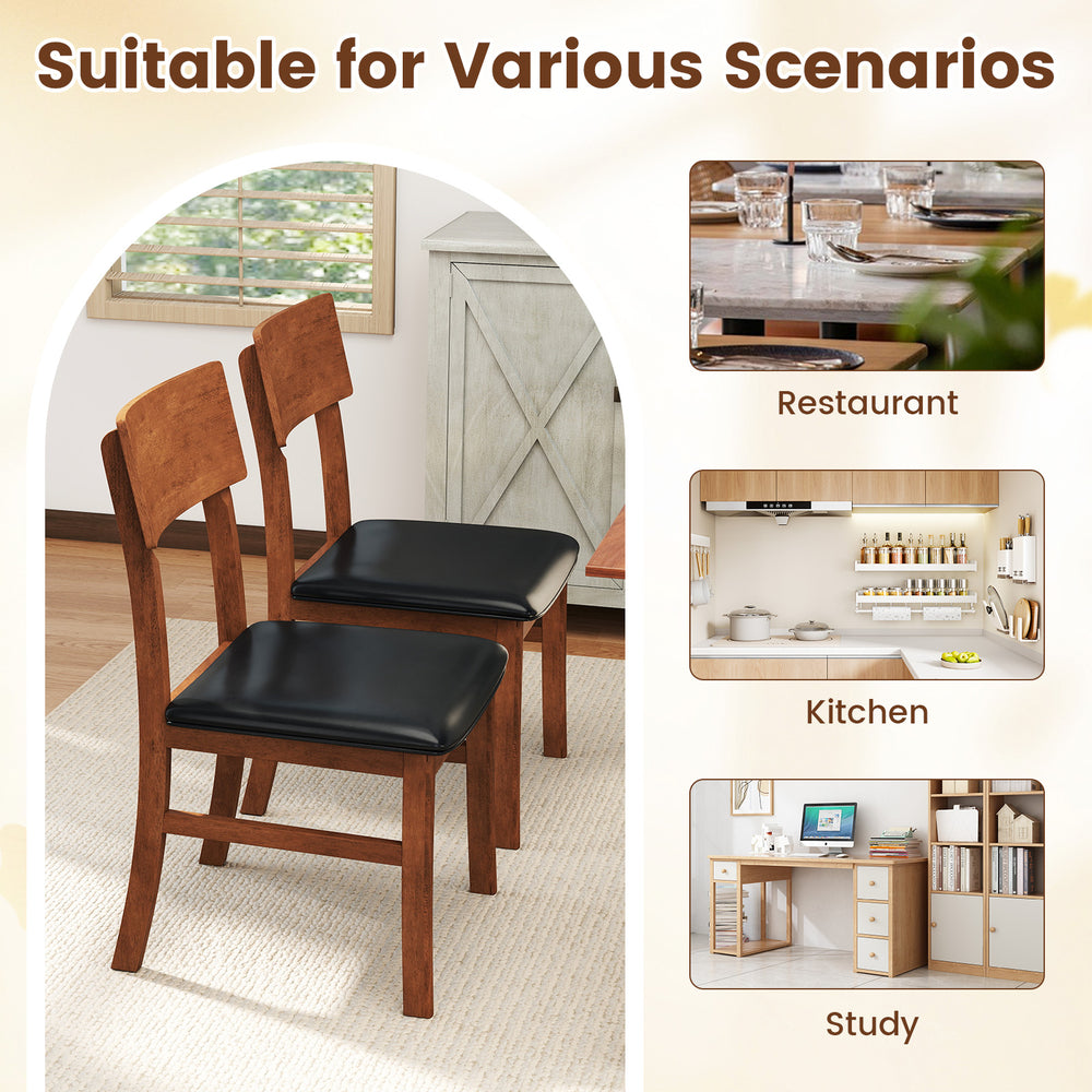 Set of 2 dining chairs with rubber wood legs and black faux leather seats, ideal for restaurant, kitchen, or study use.