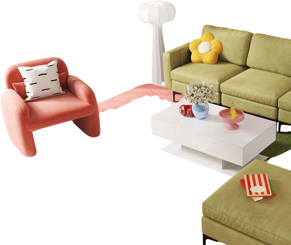 Accent chair in pink, modular L-shaped sectional sofa in blue, and LED coffee table in white for a stylish living room.