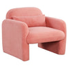 Accent chair in soft pink sherpa fabric with ergonomic design and included waist pillow for maximum comfort.