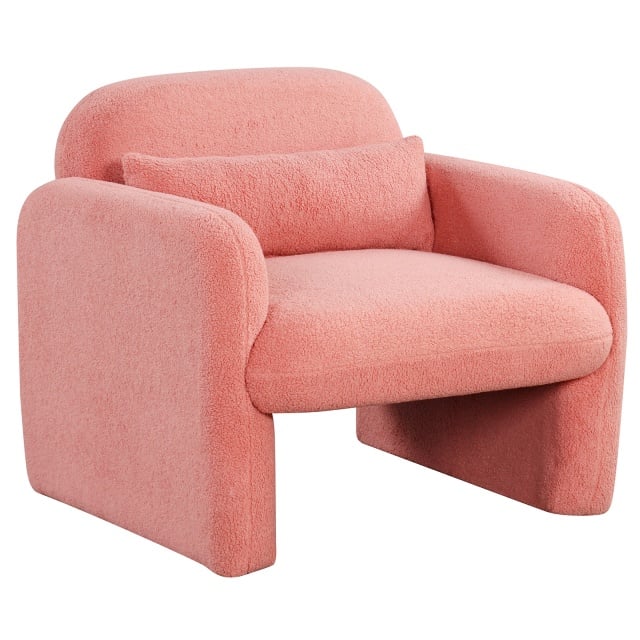 Accent chair in soft pink sherpa fabric with ergonomic design and included waist pillow for maximum comfort.