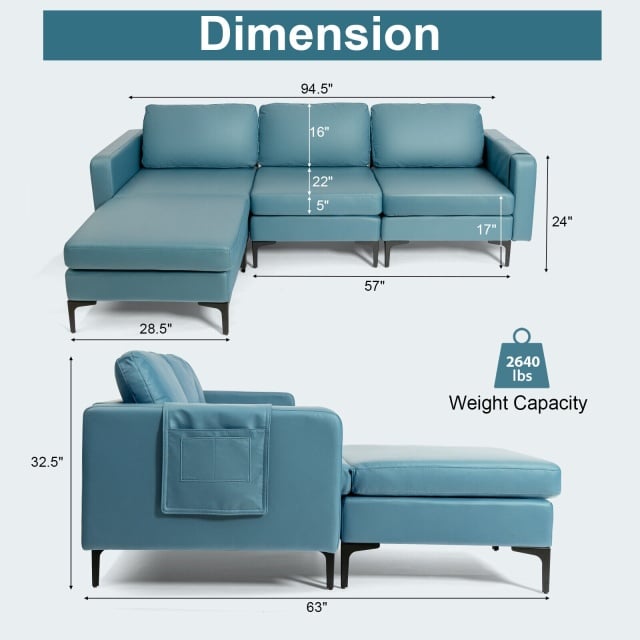Modular L-shaped sectional sofa in blue with reversible chaise, ergonomic design, and hidden storage for living room.