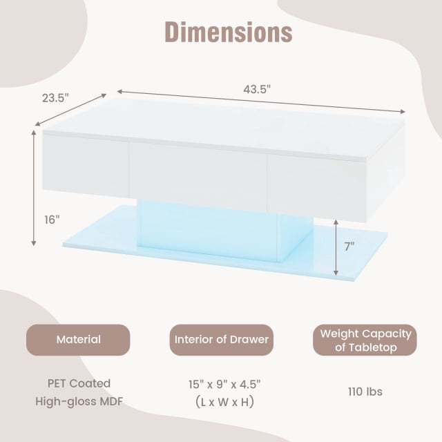 LED coffee table with high-gloss white finish, push-to-open drawers, and dimensions 43.5" x 23.5" x 16" for modern.
