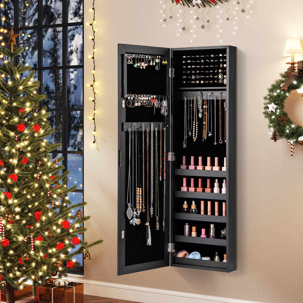 Jewelry cabinet with full-length mirror, black, wall or door mounted, featuring velvet lining and large capacity for.
