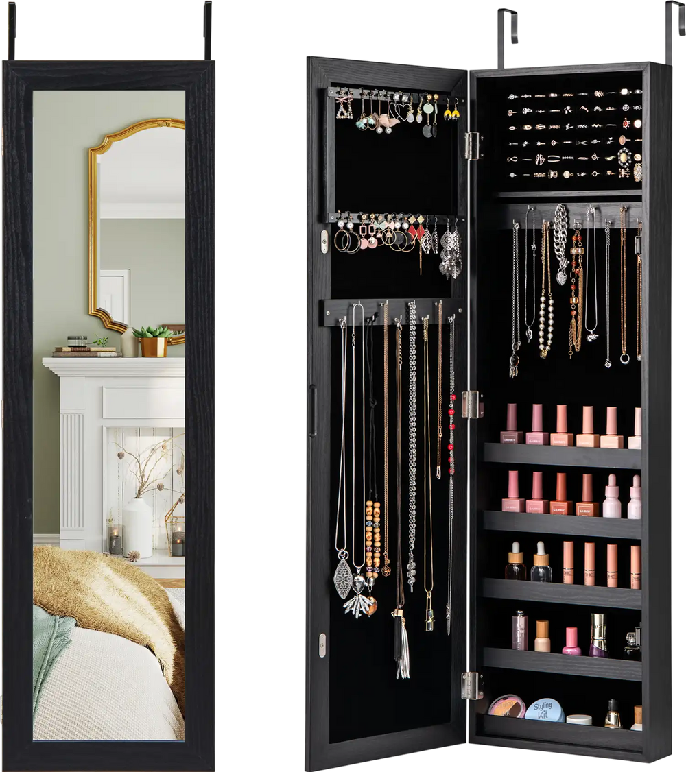 Jewelry cabinet with full-length mirror, black finish, wall or door mounted, featuring velvet lining and large capacity.