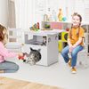 Kids table and chairs set with cat house, featuring storage bins and a transparent window for playful pets.