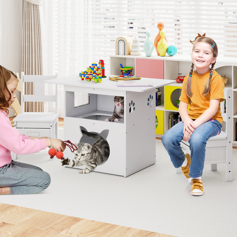 Kids table and chairs set with cat house, featuring storage bins and a transparent window for playful pets.