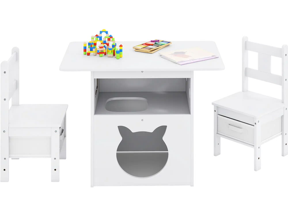 Kids table and chairs set in white with cat house storage, perfect for drawing, reading, and organizing toys.