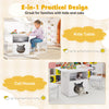 Kids table and chairs set with a cat house, featuring a transparent window and storage bins for versatile use.