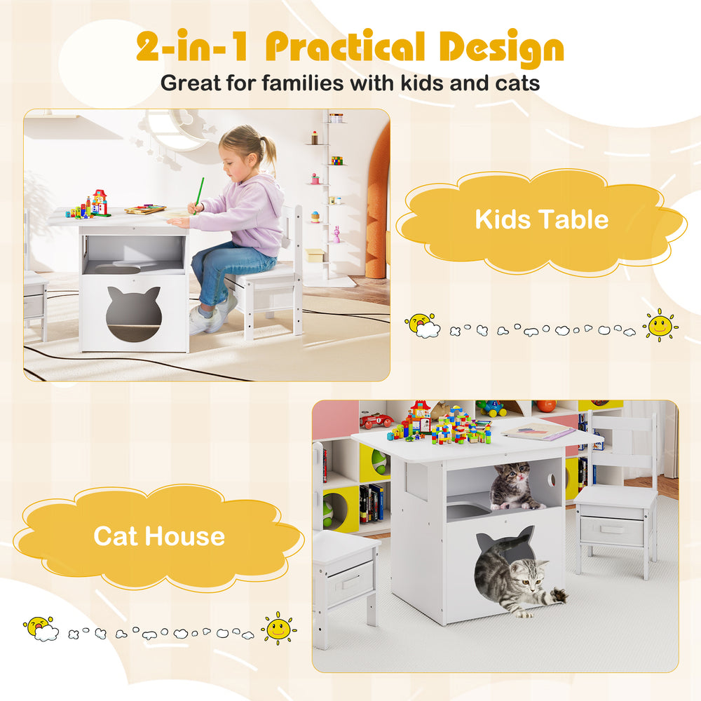 Kids table and chairs set with a cat house, featuring a transparent window and storage bins for versatile use.