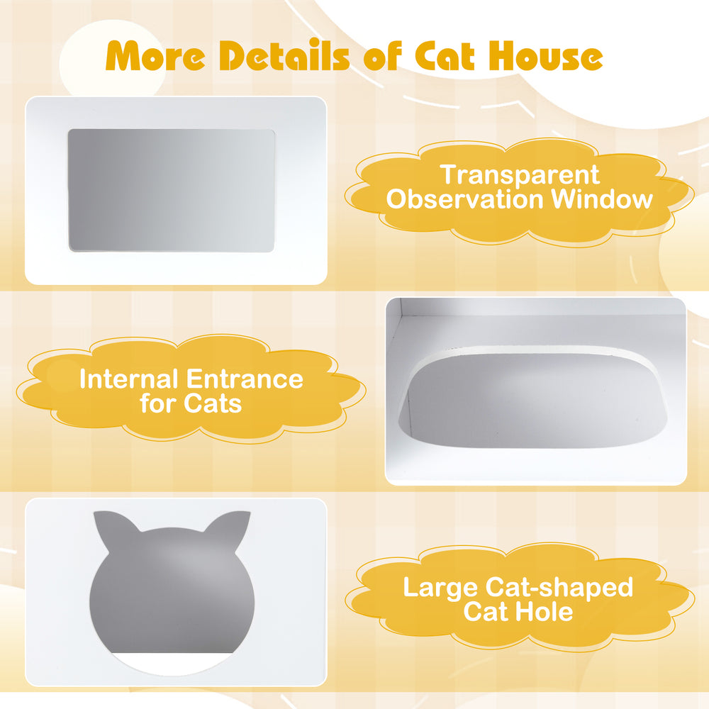Kids table and chairs set featuring a cat house with a transparent observation window and large cat-shaped hole.