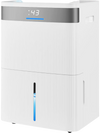 96 pints dehumidifier in white with smart touch control, 3-color indicator, and 24-hour timer for efficient humidity.