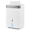 White 96 pints dehumidifier with large water tank and visible window, featuring side handles and universal wheels for.