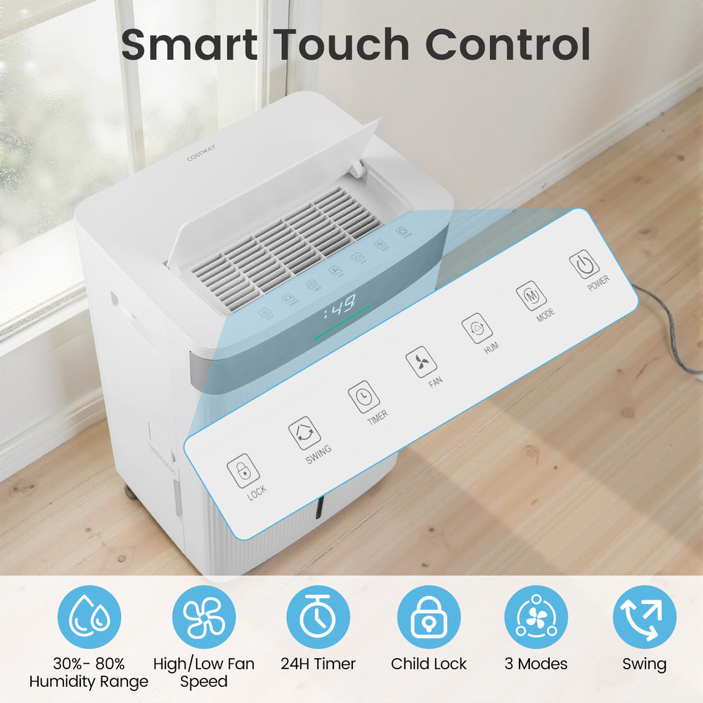 Smart touch control panel of the 96 Pints Dehumidifier with 24H timer and 3-color humidity indicator.