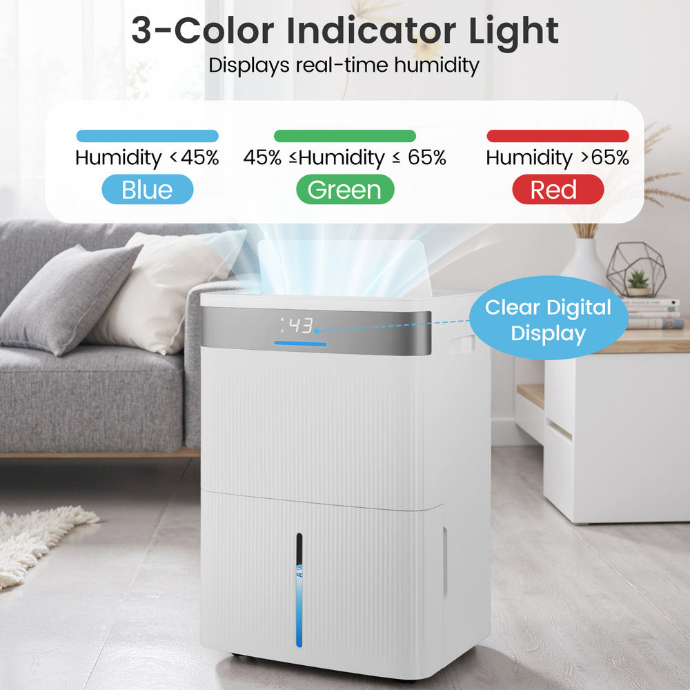 96 pints dehumidifier with 3-color indicator light displaying humidity levels, featuring a clear digital display for.